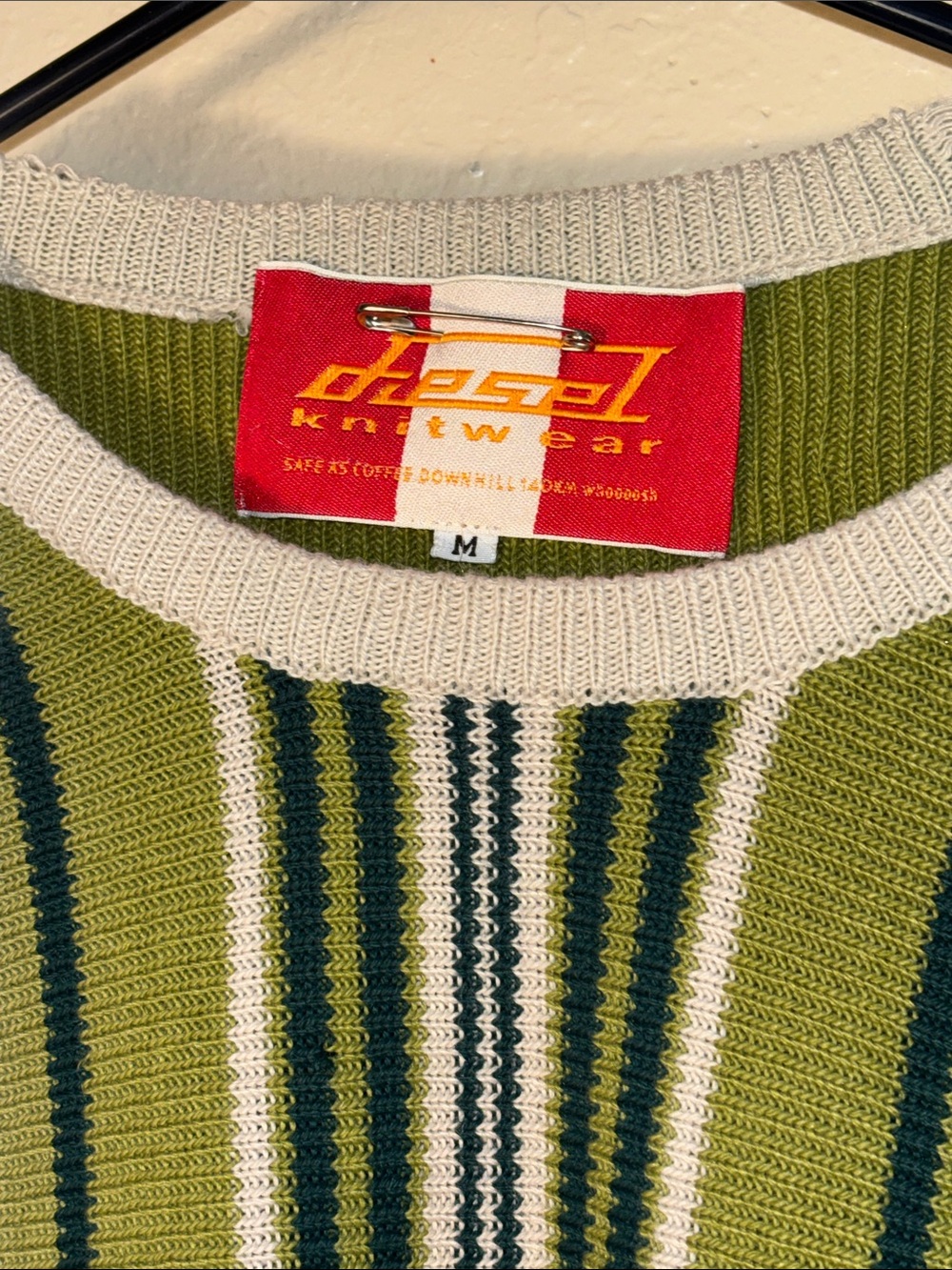 VINTAGE Diesel knitwear sweater featuring green, olive, and cream vertical strip - Picture 4 of 11